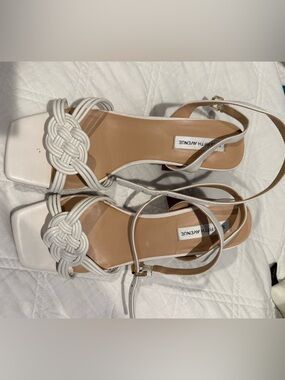 Woven Strap Block Heel Sandal in Cream - Women's